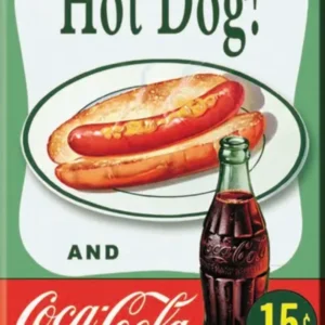 A coca-cola advertisement with hot dog and coke.