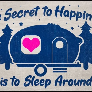 A blue camper with trees and a pink heart on it.