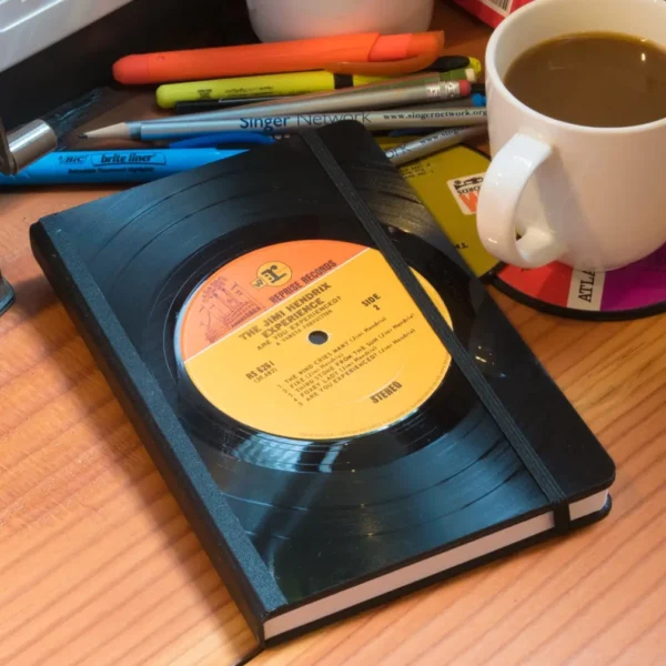 A notebook with an old record on it