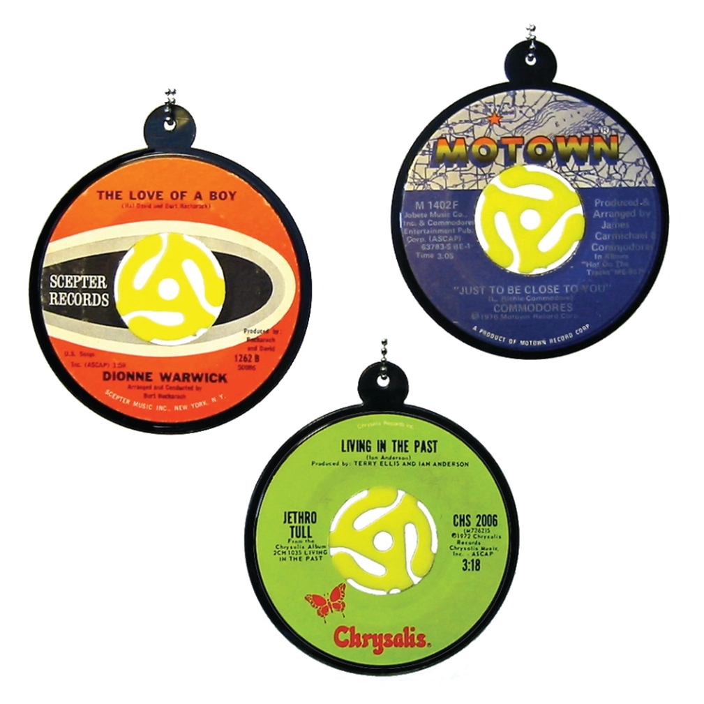 A set of three records hanging from the ceiling.