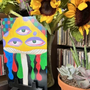 A painting of a face with eyes on it next to a plant and a book.