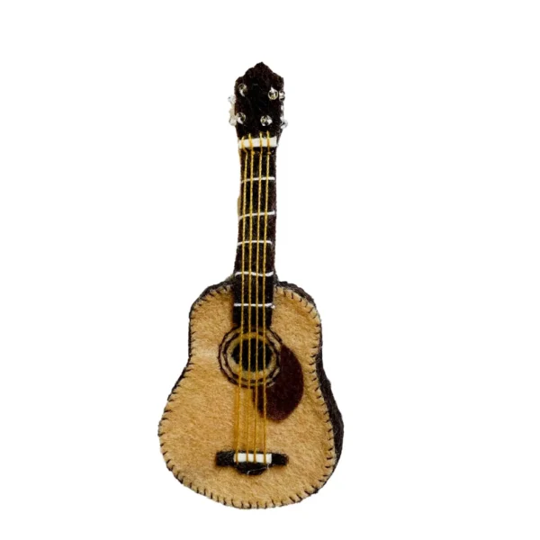 A small guitar is shown with the strings missing.