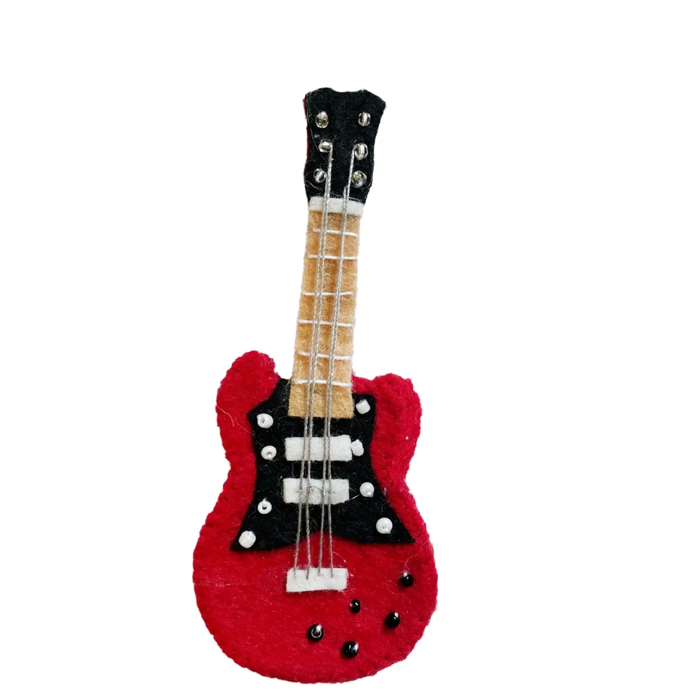 A red guitar is shown with black accents.