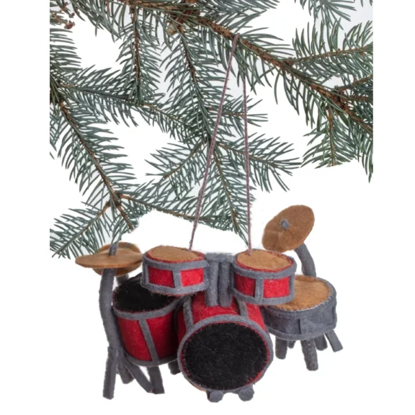 A christmas ornament of a red drum set.