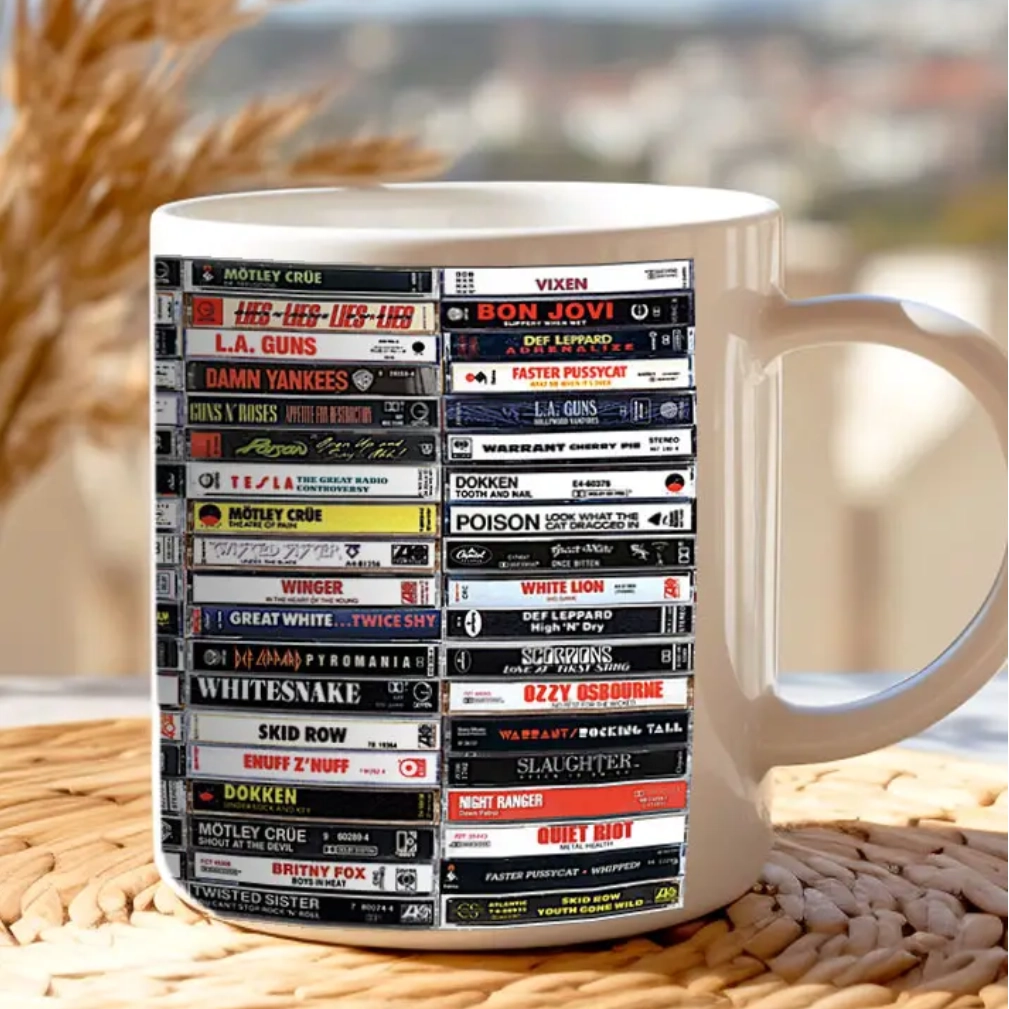 A coffee mug with many different tapes on it