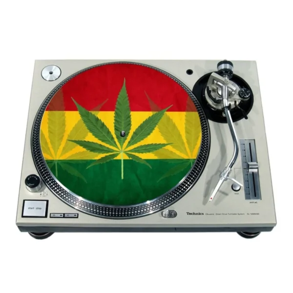 A marijuana leaf on the side of a record player.