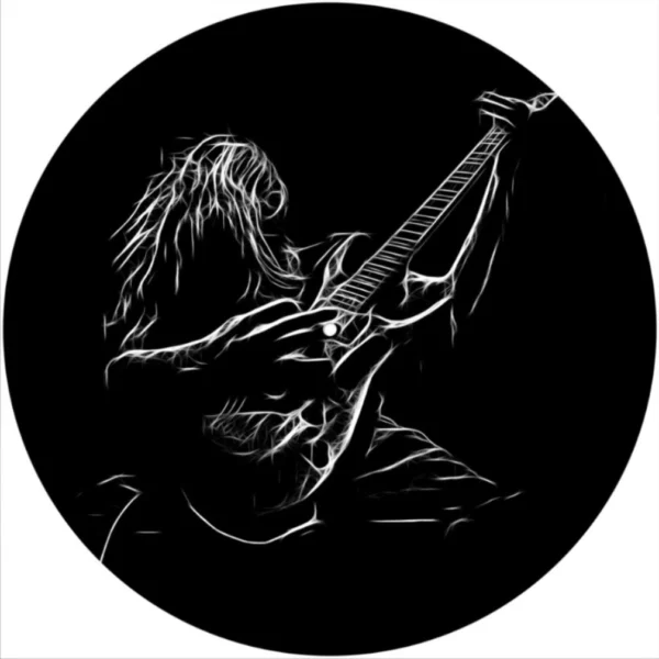 A black and white image of a person playing guitar