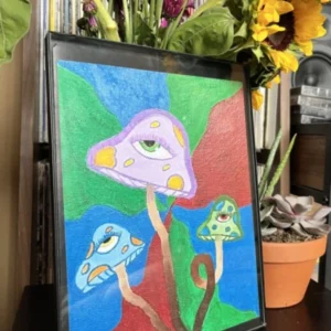 A painting of mushrooms with eyes and a plant in the background.