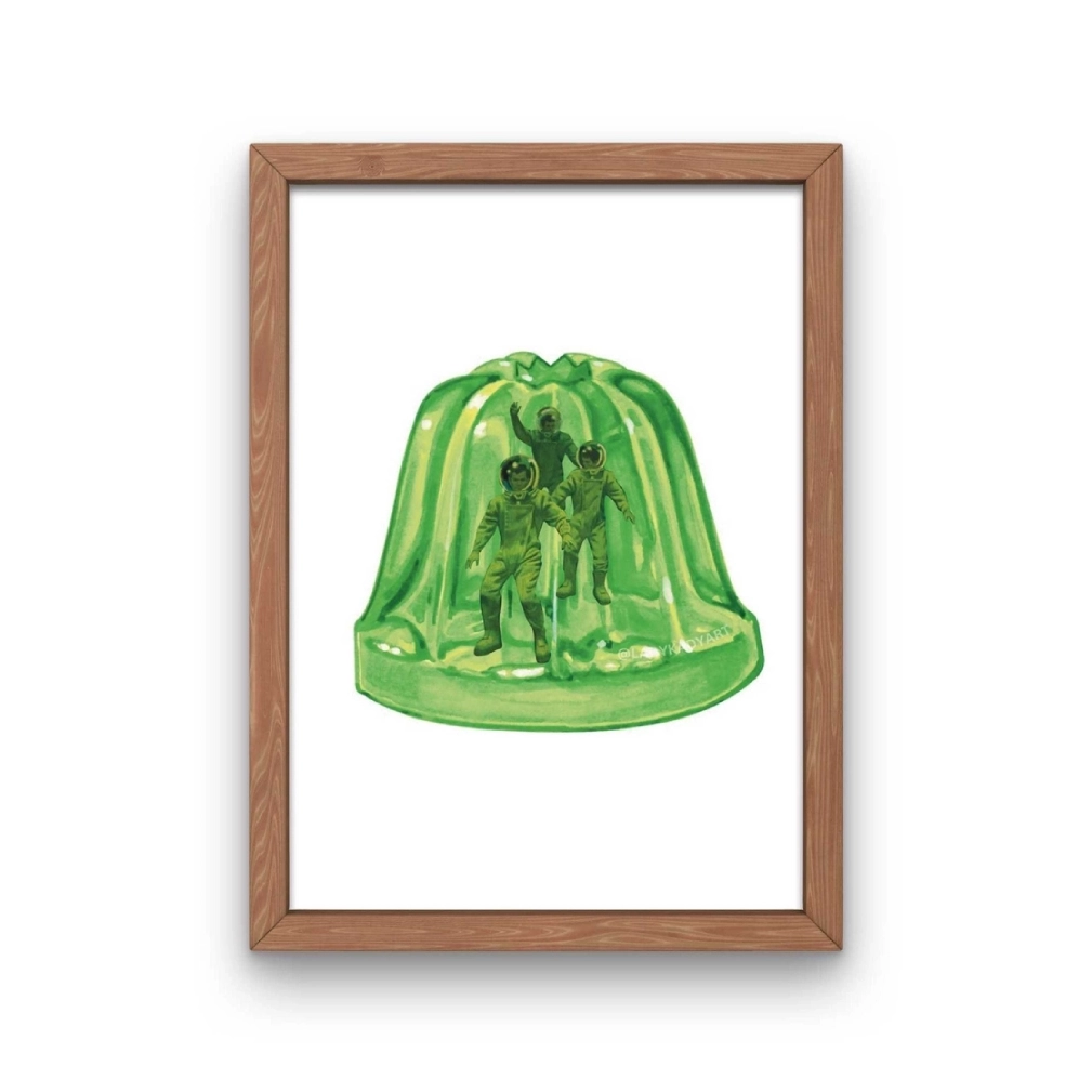 A green jelly is in the shape of a person.