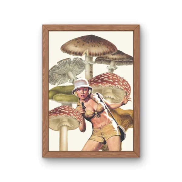 A woman holding a gun in front of mushrooms.