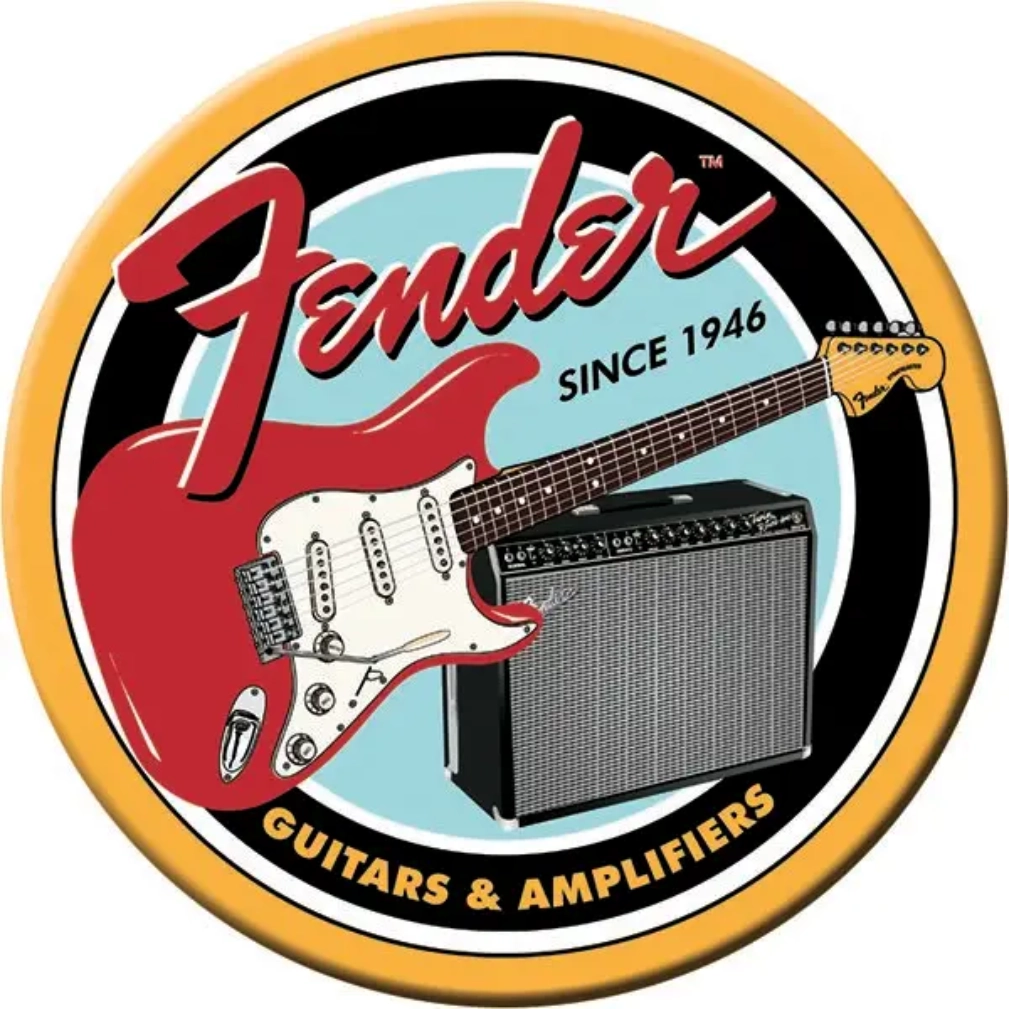 A fender logo with an electric guitar and amplifier.