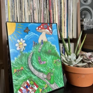 A painting of a mushroom and some plants