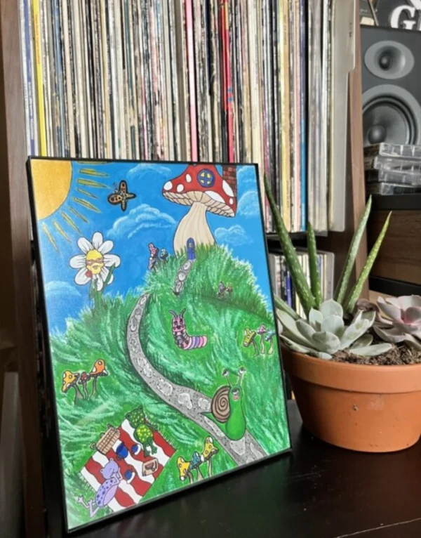 A painting of a mushroom and some plants