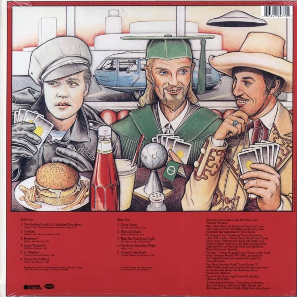 A back cover of the album with an image of people eating.