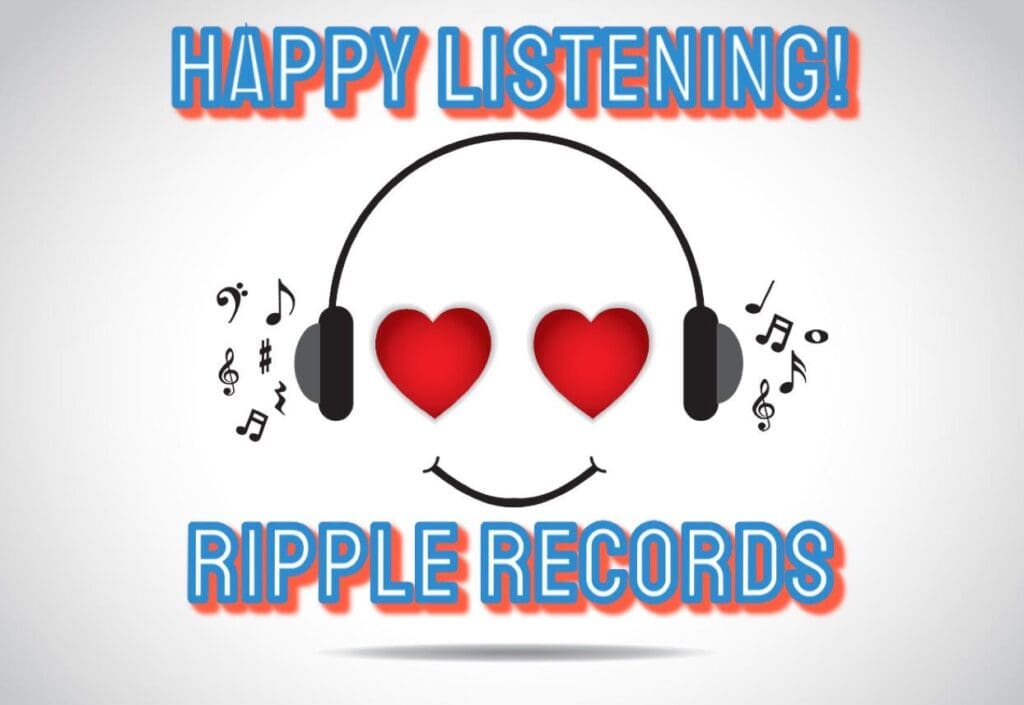 A picture of some hearts and headphones with the words " happy listening ripple records."