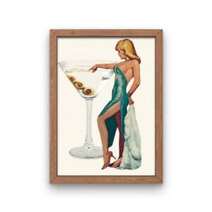 A framed picture of a woman in a dress and holding a glass.