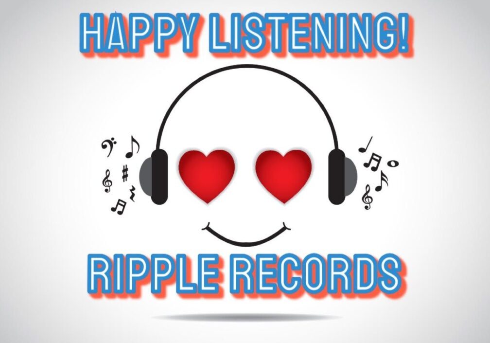 A picture of some hearts and headphones with the words " happy listening ripple records."